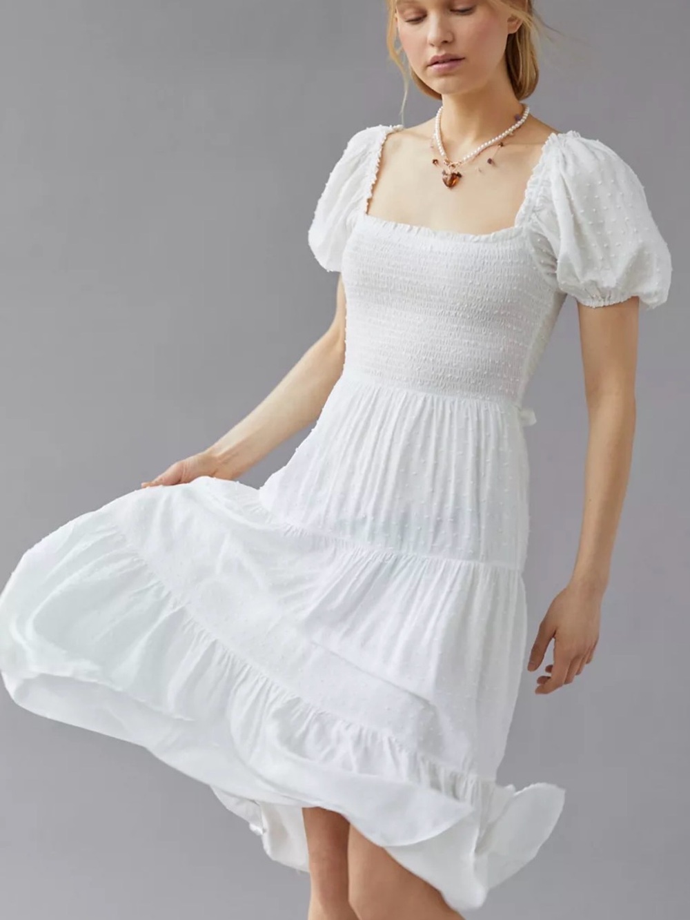 Urban Outfitters Gardena Puff Sleeve White Smocked Midi Dress